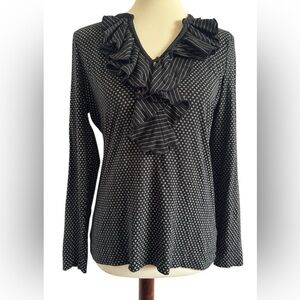 Lauren Jeans Co. Long Sleeve Ruffled V Neck blank and White Cotton Size Medium